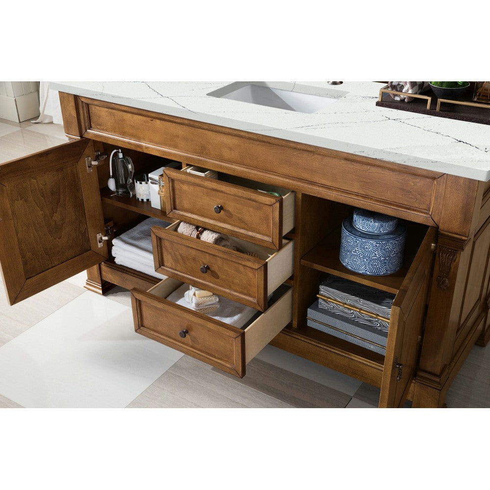 Brookfield 60" Single Vanity, Country Oak w/ 3 CM Ethereal Noctis Quartz Top