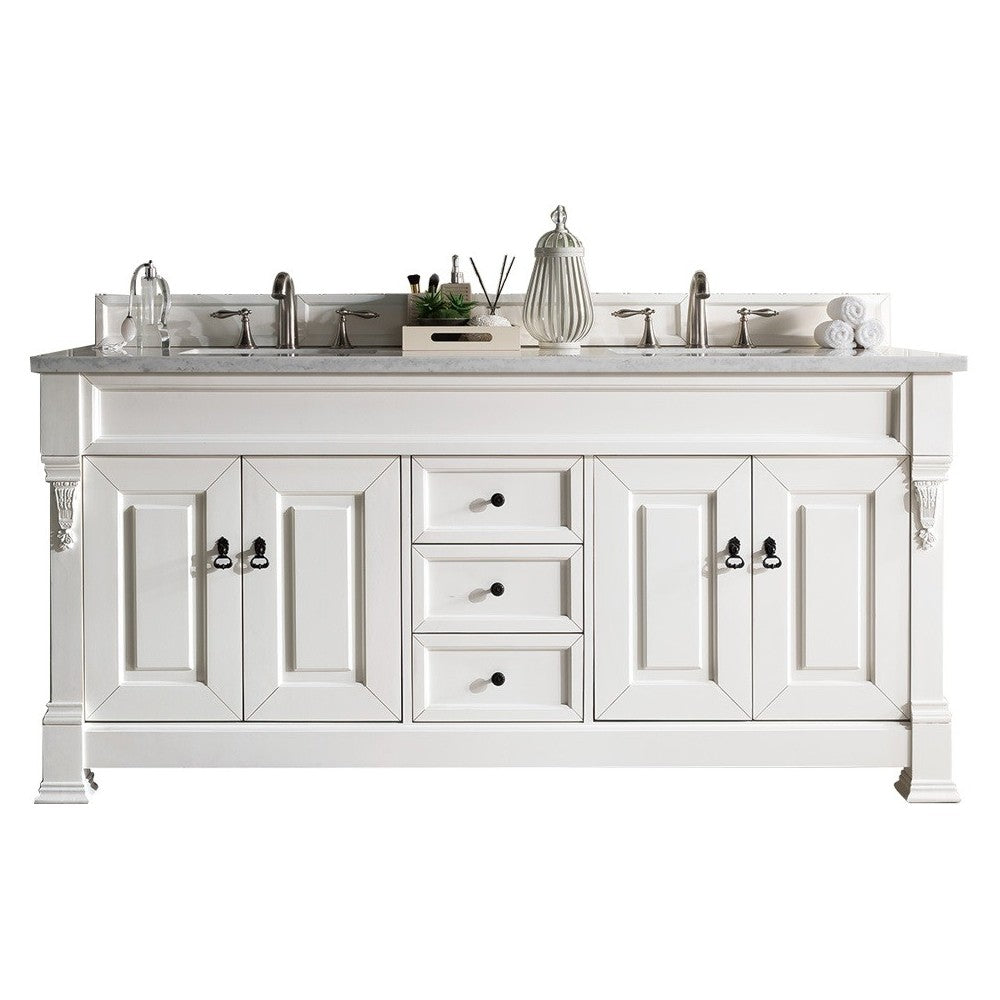 Brookfield 72" Double Vanity, Bright White w/ 3 CM Carrara Marble Top