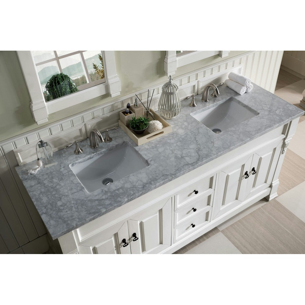 Brookfield 72" Double Vanity, Bright White w/ 3 CM Carrara Marble Top