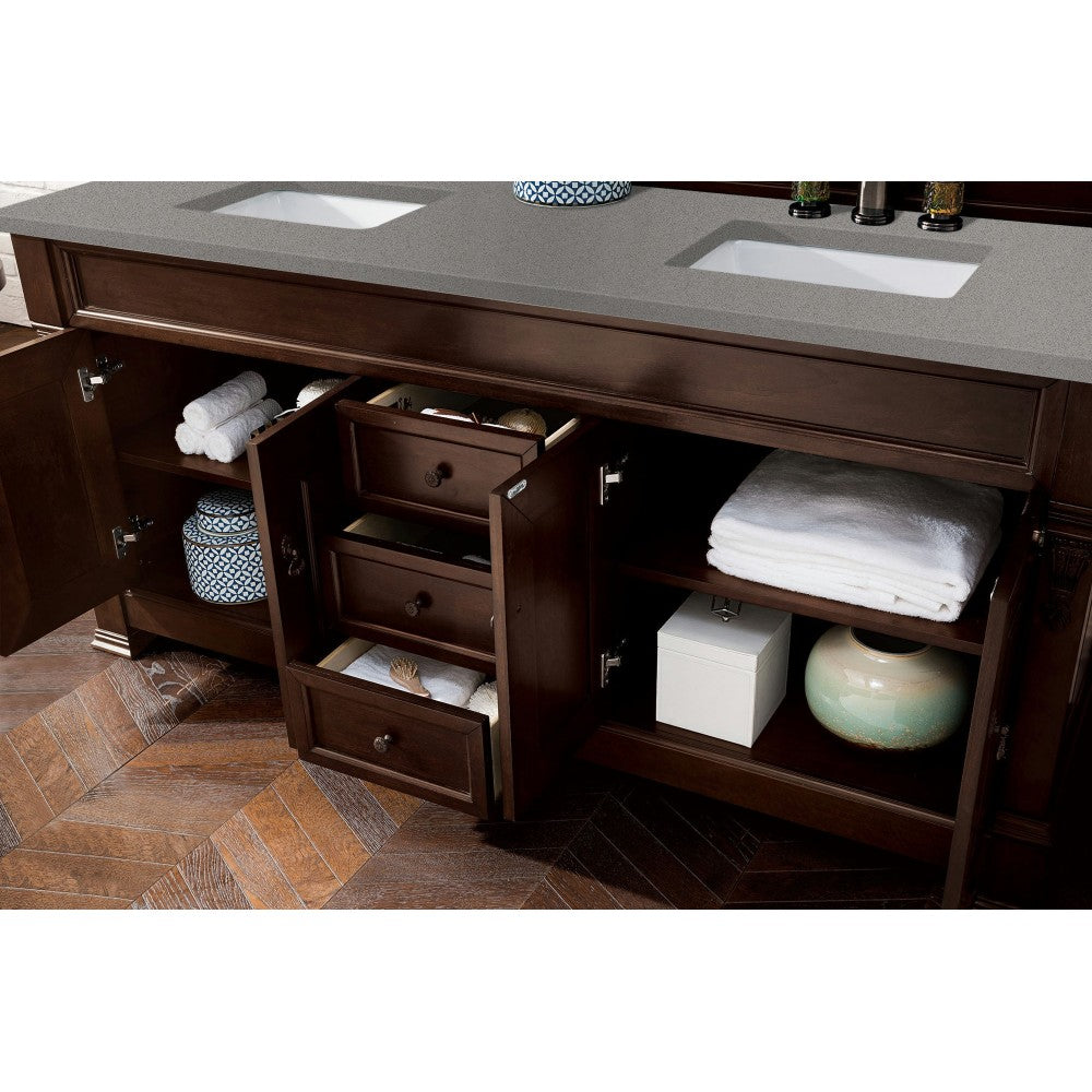 Brookfield 72" Double Vanity, Burnished Mahogany w/ 3 CM Gray Expo Quartz Top