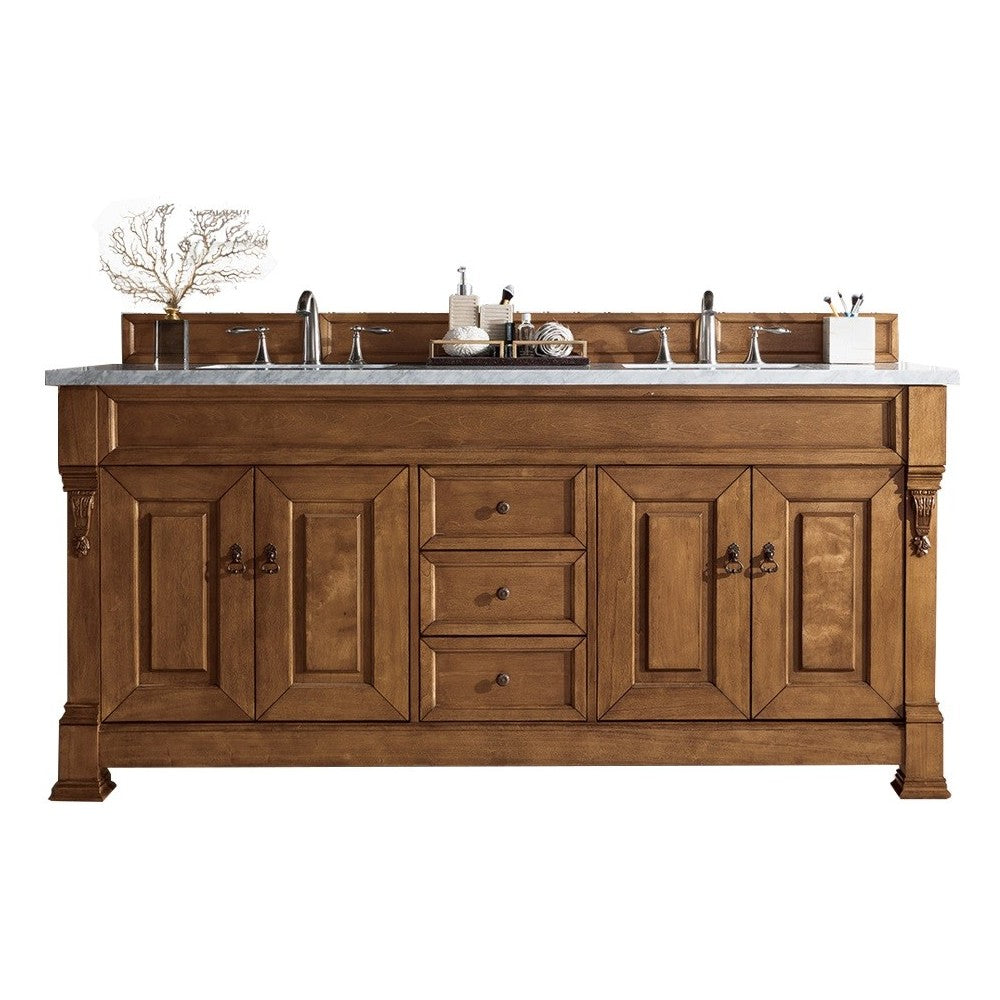 Brookfield 72" Double Vanity, Country Oak w/ 3 CM Carrara Marble Top