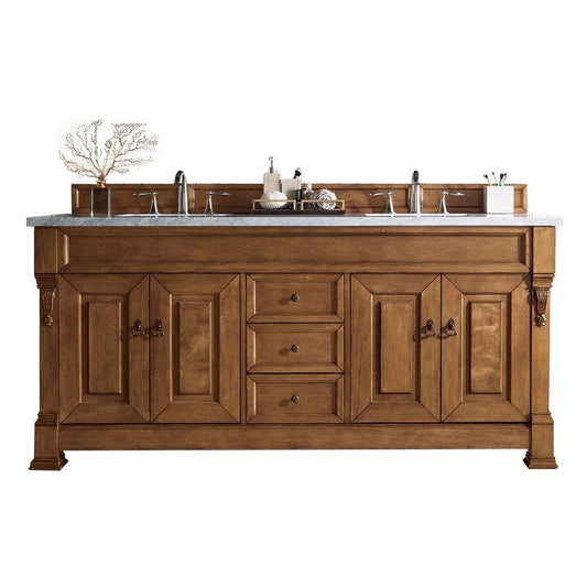 Brookfield 72" Double Vanity, Country Oak w/ 3 CM Carrara Marble Top