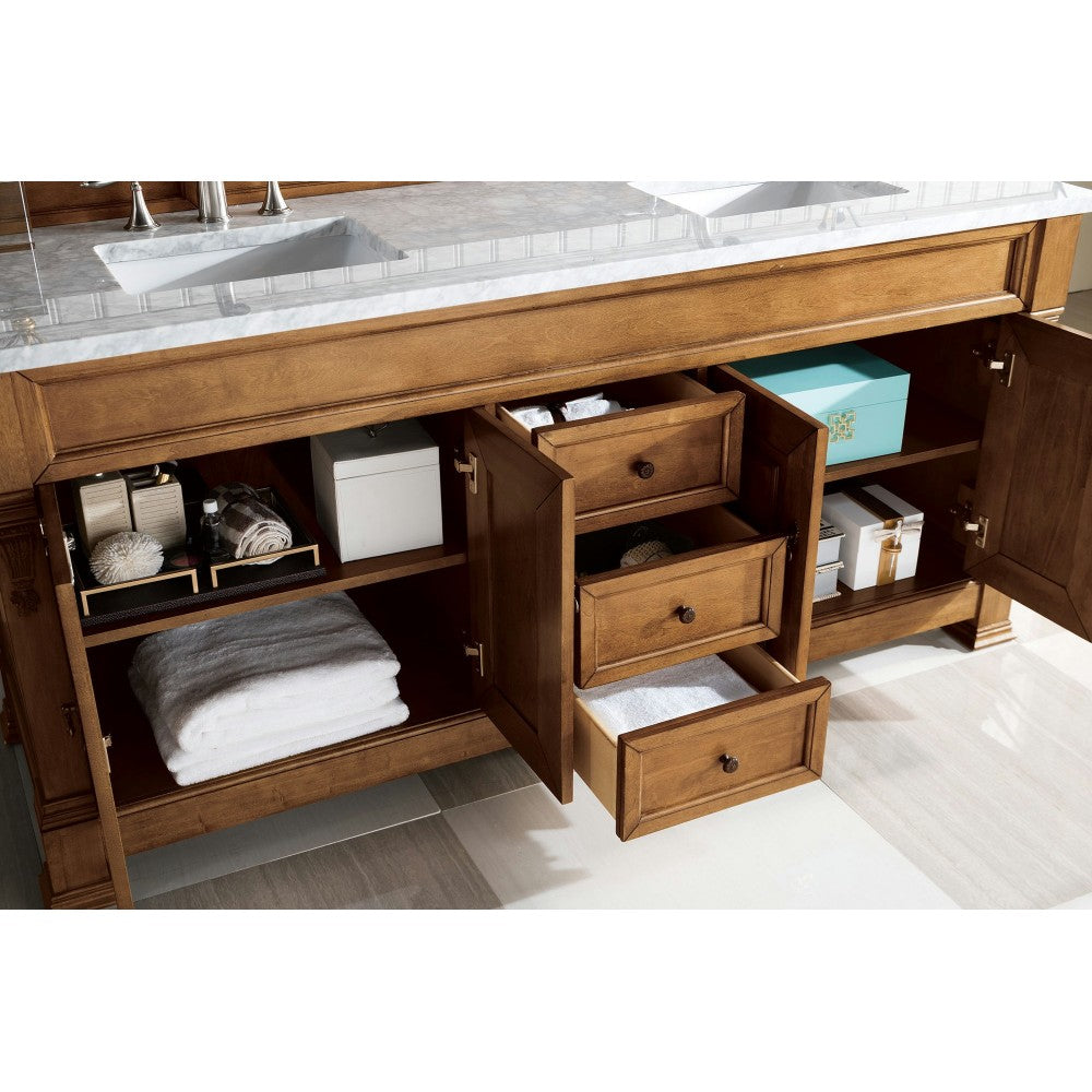 Brookfield 72" Double Vanity, Country Oak w/ 3 CM Carrara Marble Top