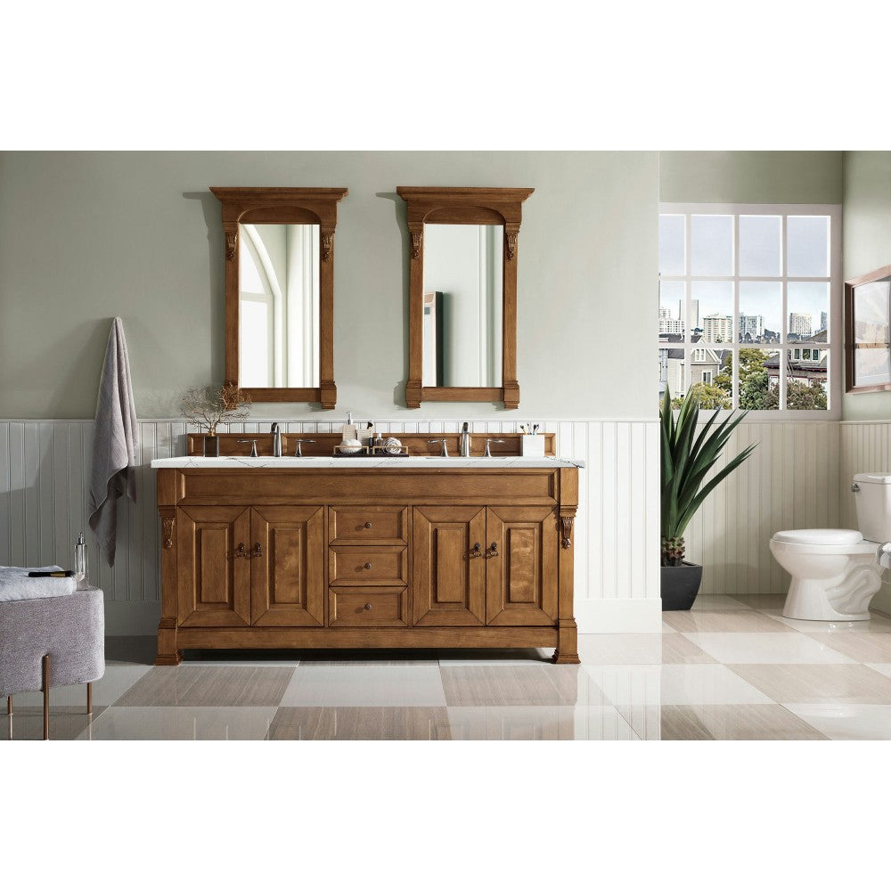 Brookfield 72" Double Vanity, Country Oak w/ 3 CM Ethereal Noctis Quartz Top