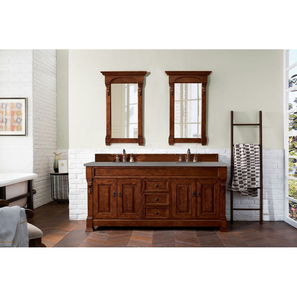 Brookfield 72" Double Vanity, Warm Cherry w/ 3 CM Gray Expo Quartz Top
