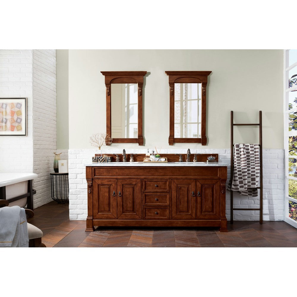 Brookfield 72" Double Vanity, Warm Cherry w/ 3 CM Carrara MarbleTop