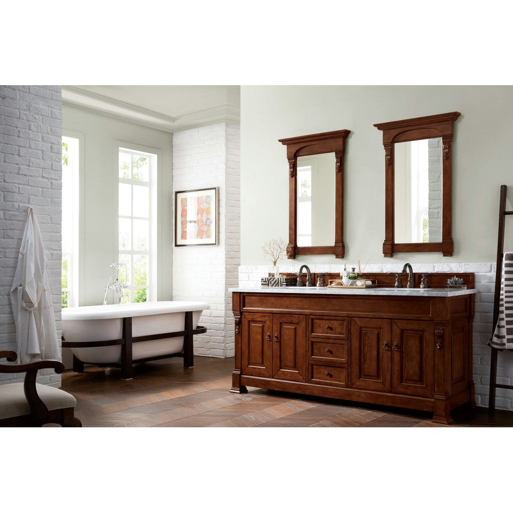 Brookfield 72" Double Vanity, Warm Cherry w/ 3 CM Carrara MarbleTop
