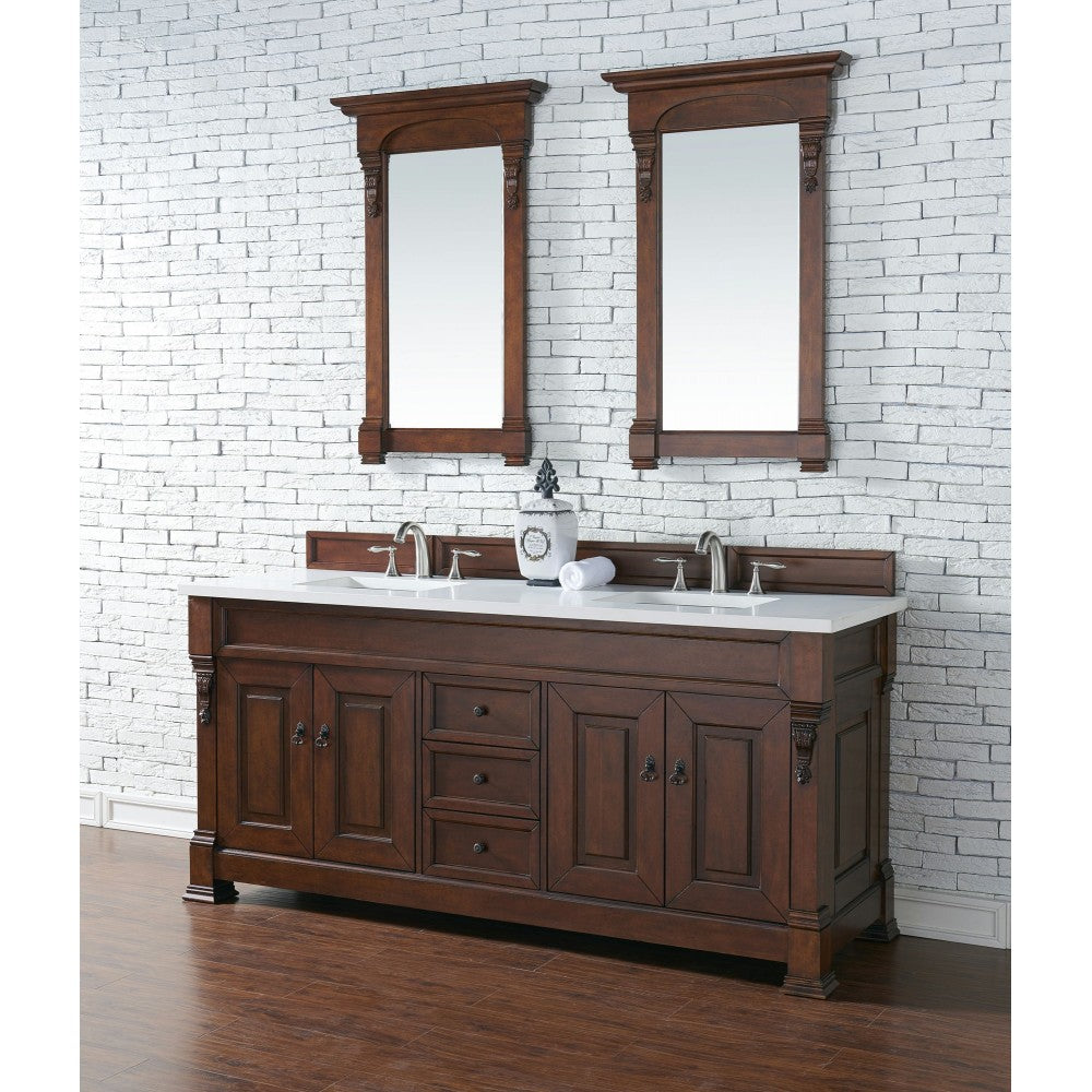 Brookfield 72" Double Vanity, Warm Cherry w/ 3 CM Classic White Quartz Top