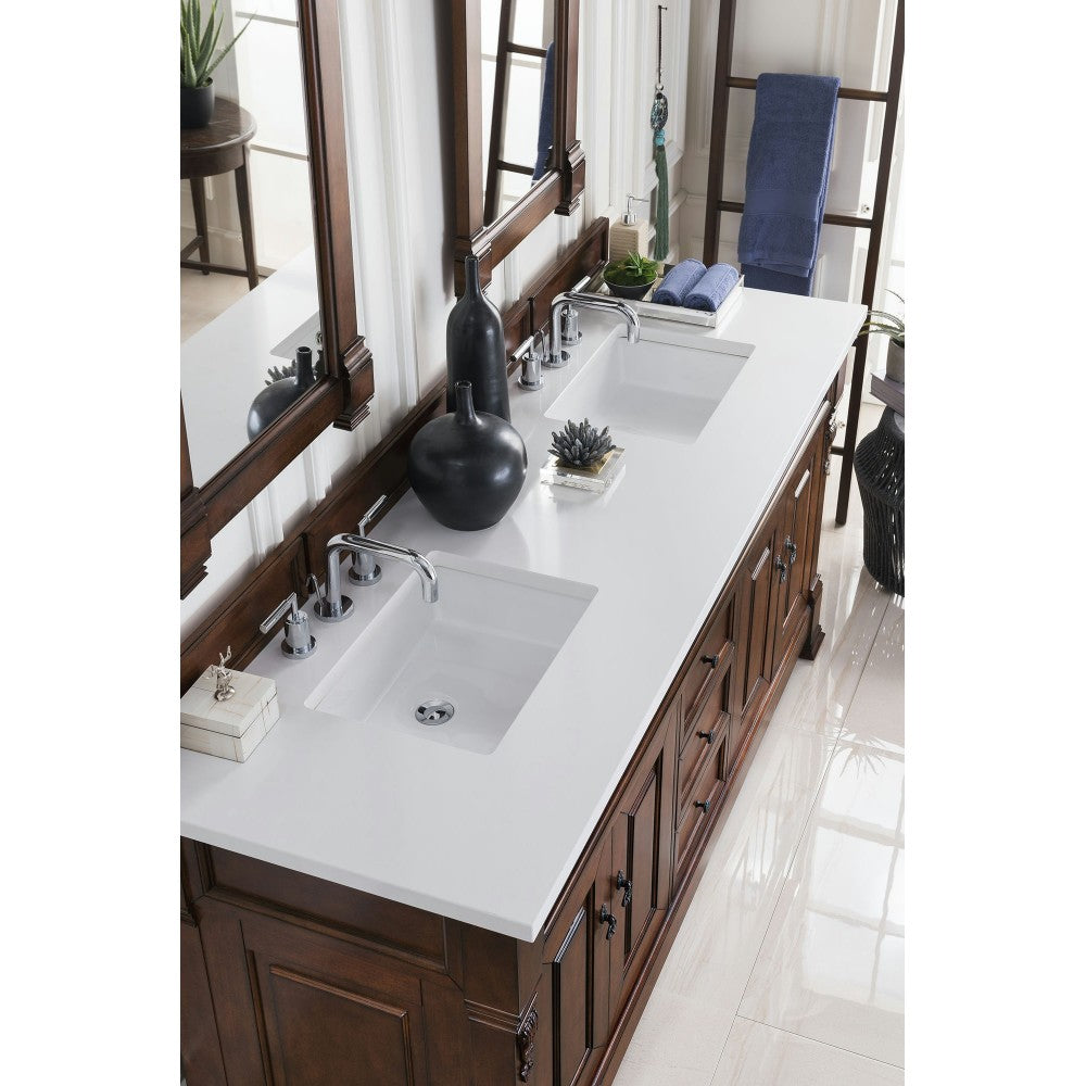 Brookfield 72" Double Vanity, Warm Cherry w/ 3 CM Classic White Quartz Top