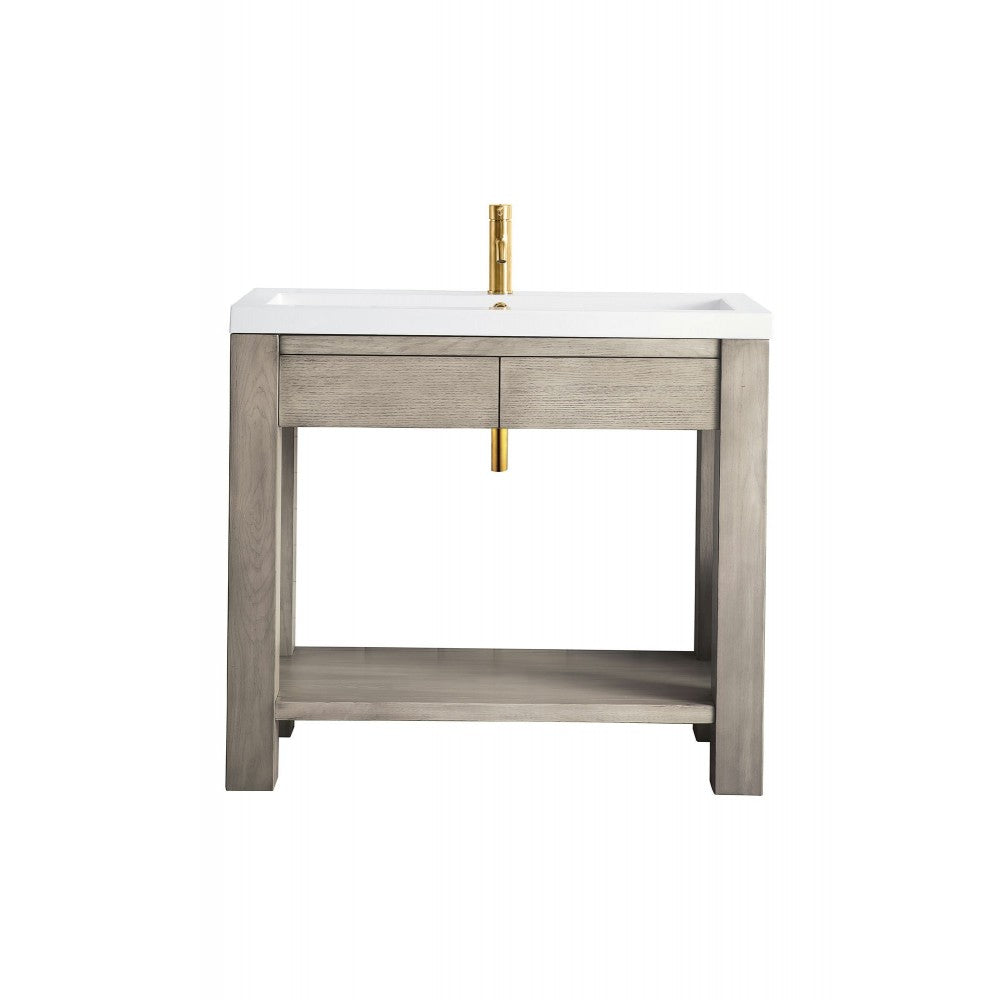 Brooklyn 39.5" Wooden Sink Console, Platinum Ash w/ White Glossy Composite Top