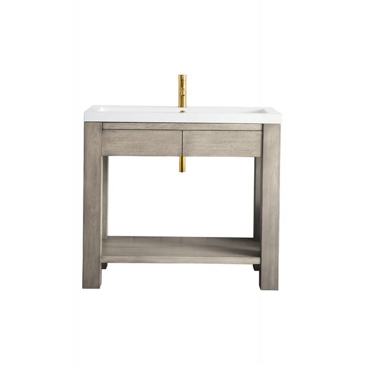 Brooklyn 39.5" Wooden Sink Console, Platinum Ash w/ White Glossy Composite Top