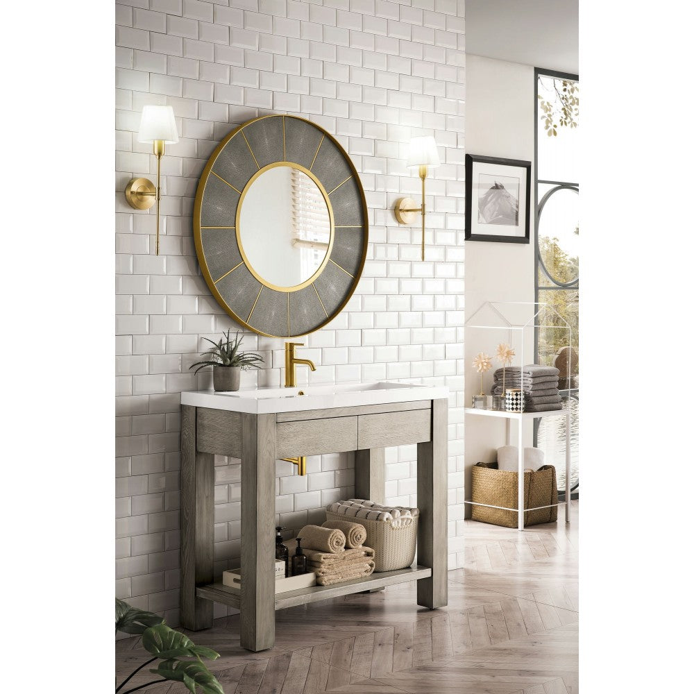 Brooklyn 39.5" Wooden Sink Console, Platinum Ash w/ White Glossy Composite Top