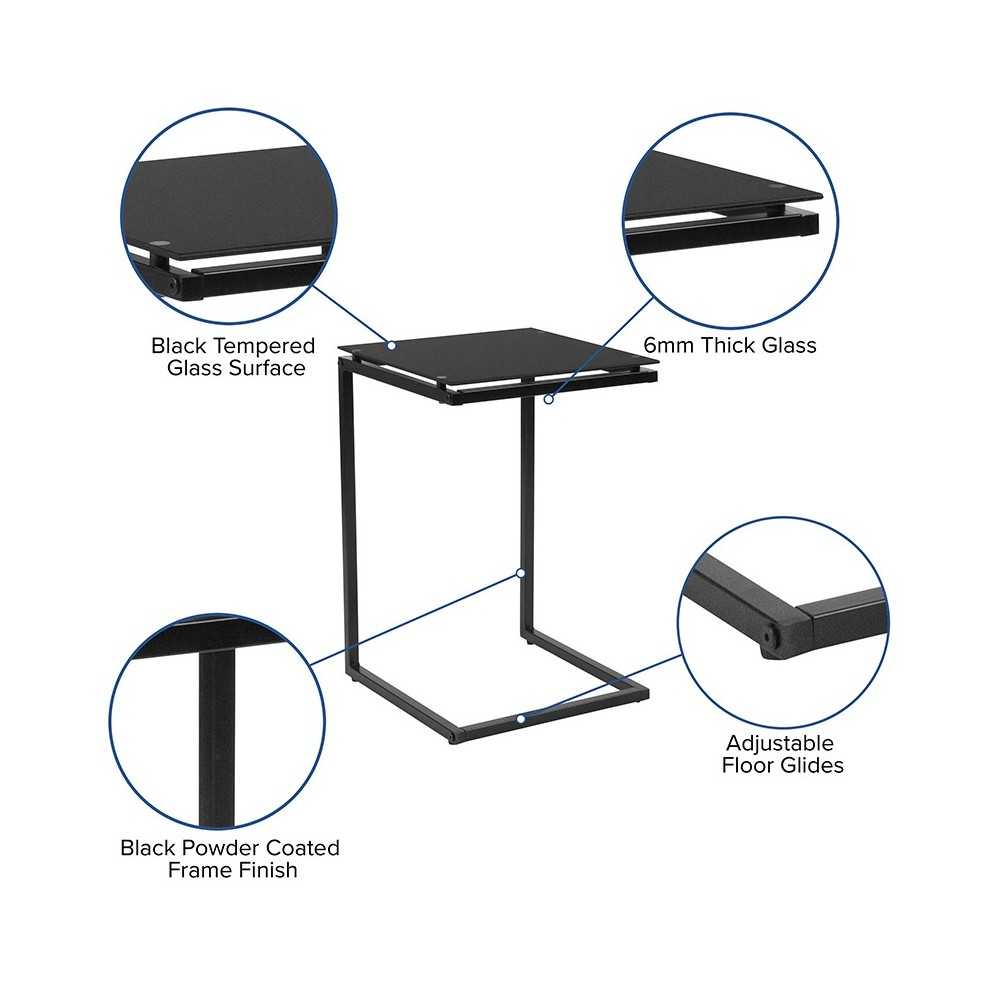 Burbank Black Glass End Table with Black Metal Frame