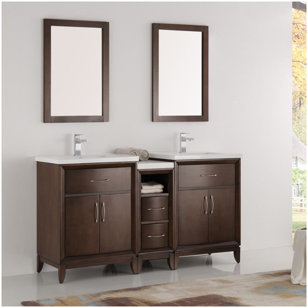 Cambridge 60" Antique Coffee Double Sink Traditional Bathroom Vanity w/ Mirrors