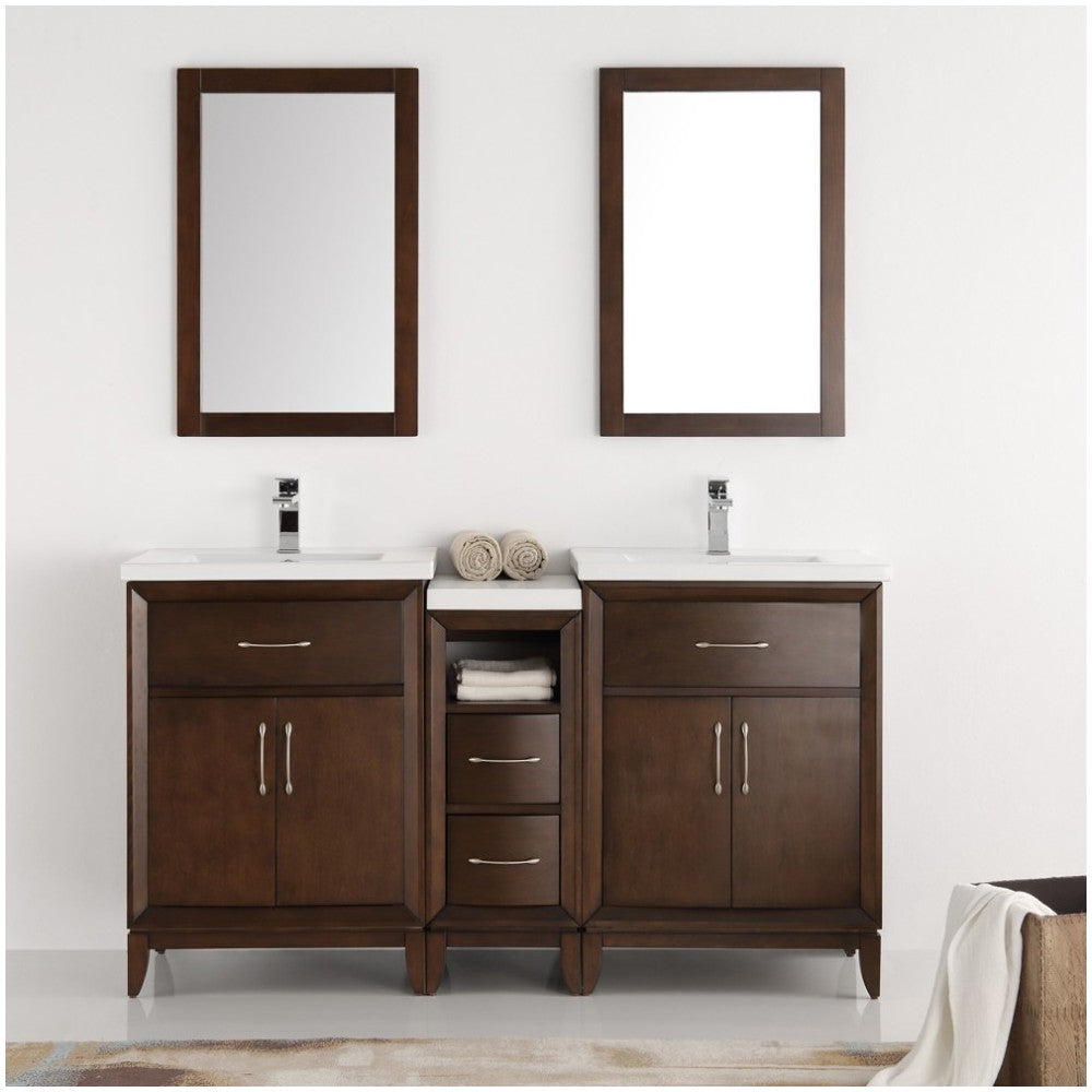 Cambridge 60" Antique Coffee Double Sink Traditional Bathroom Vanity w/ Mirrors