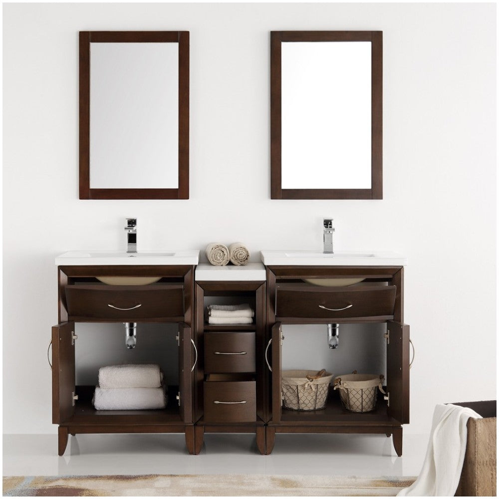 Cambridge 60" Antique Coffee Double Sink Traditional Bathroom Vanity w/ Mirrors