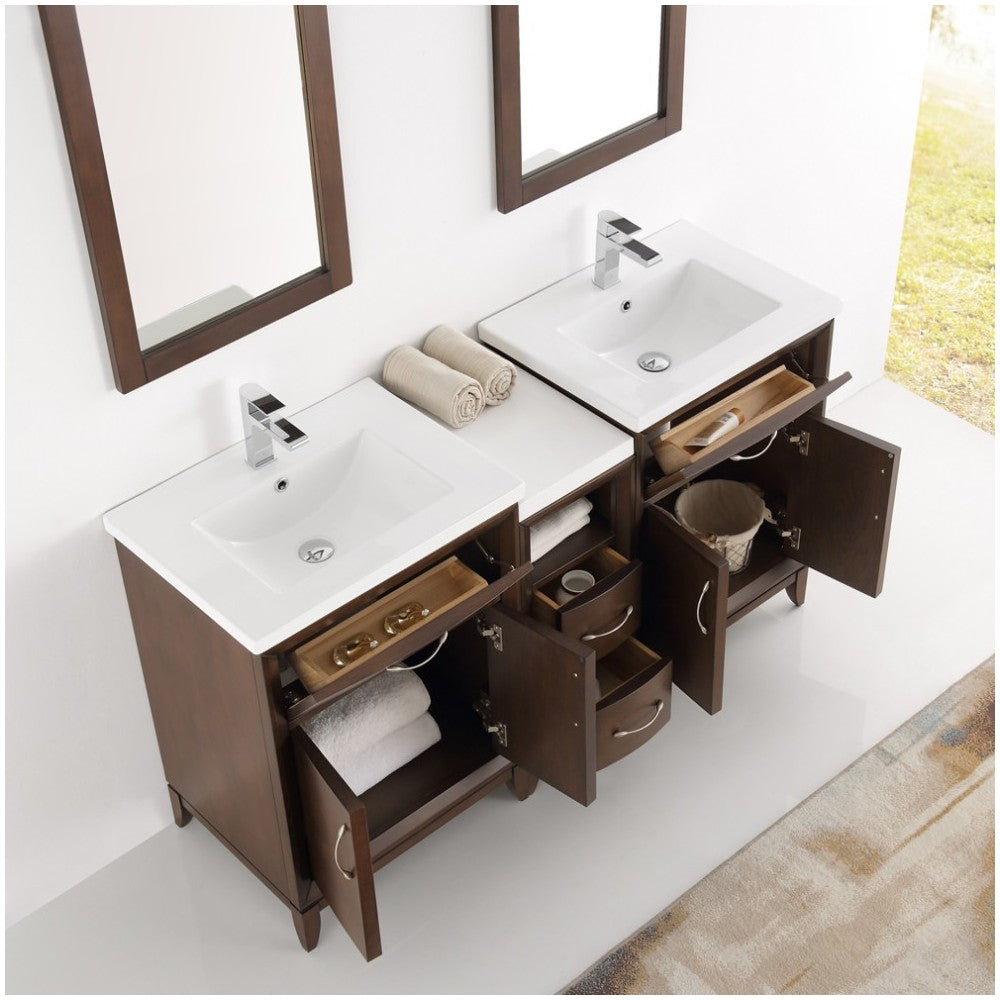 Cambridge 60" Antique Coffee Double Sink Traditional Bathroom Vanity w/ Mirrors