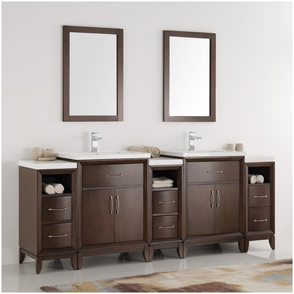 Cambridge 84" Antique Coffee Double Sink Traditional Bathroom Vanity w/ Mirrors