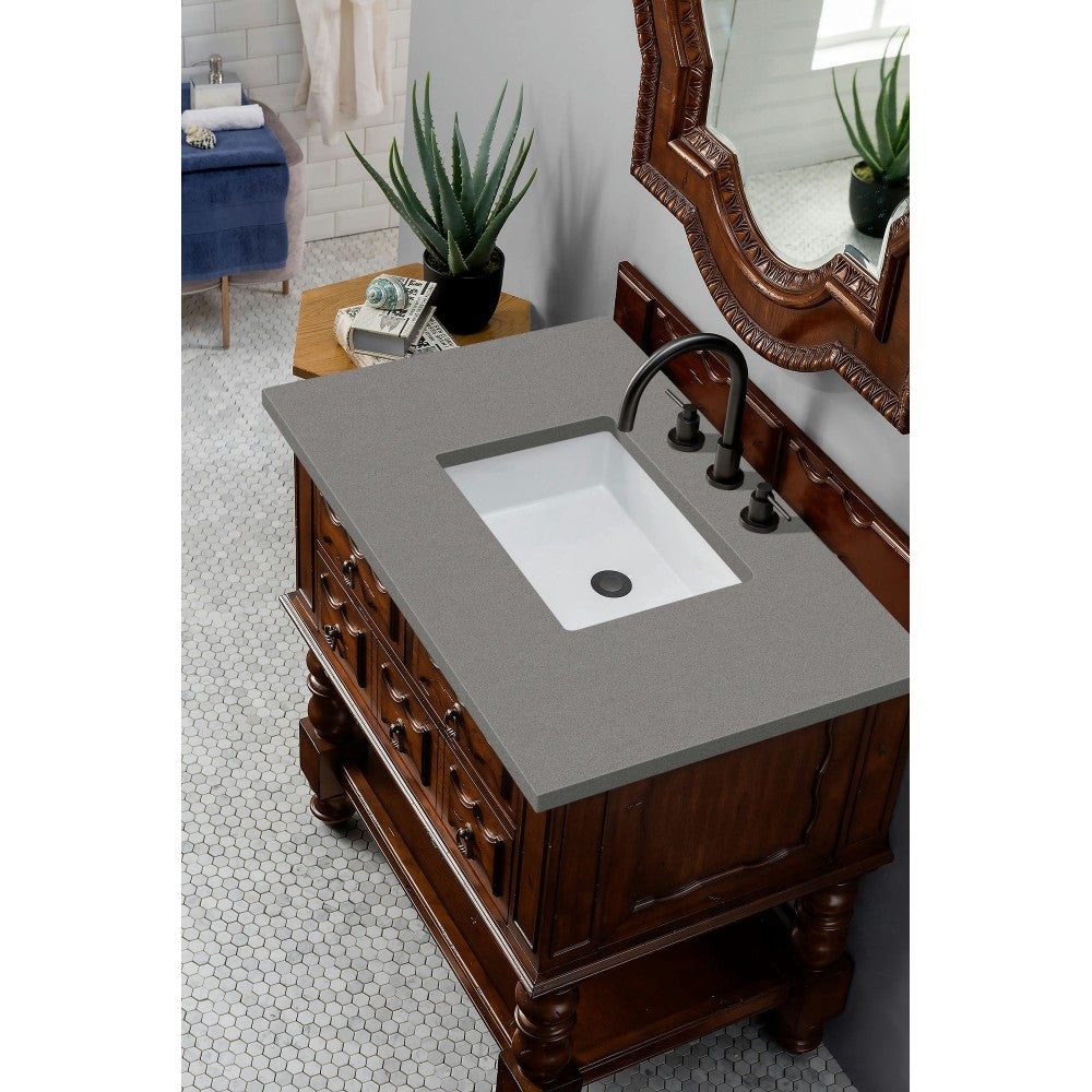Castilian 36" Single Vanity Cabinet, Aged Cognac, w/ 3 CM Gray Expo Quartz Top
