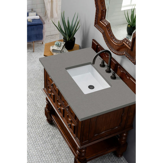 Castilian 36" Single Vanity Cabinet, Aged Cognac, w/ 3 CM Gray Expo Quartz Top