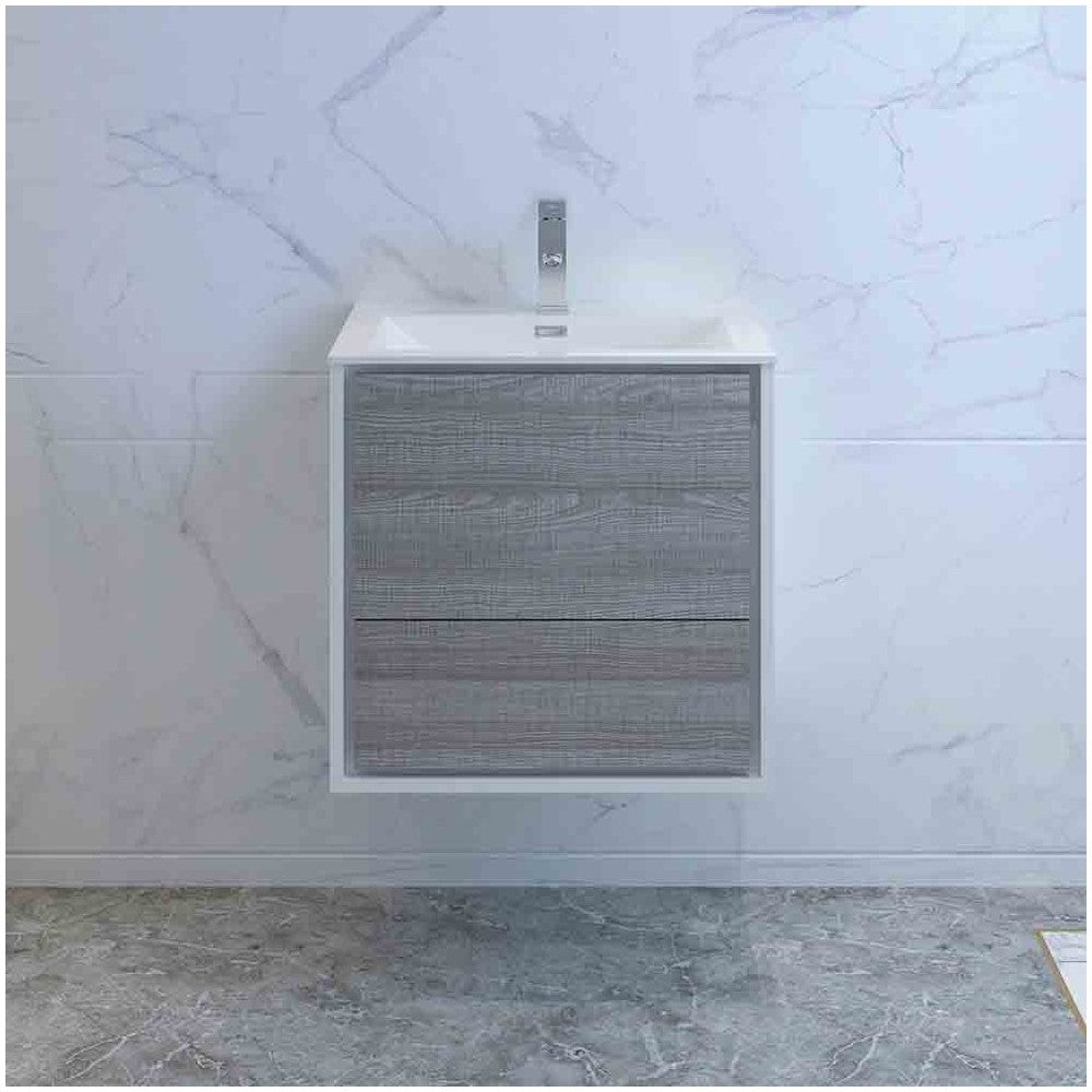 Catania 24" Glossy Ash Gray Wall Hung Modern Bathroom Cabinet w/ Integrated Sink
