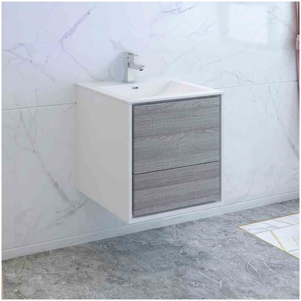 Catania 24" Glossy Ash Gray Wall Hung Modern Bathroom Cabinet w/ Integrated Sink