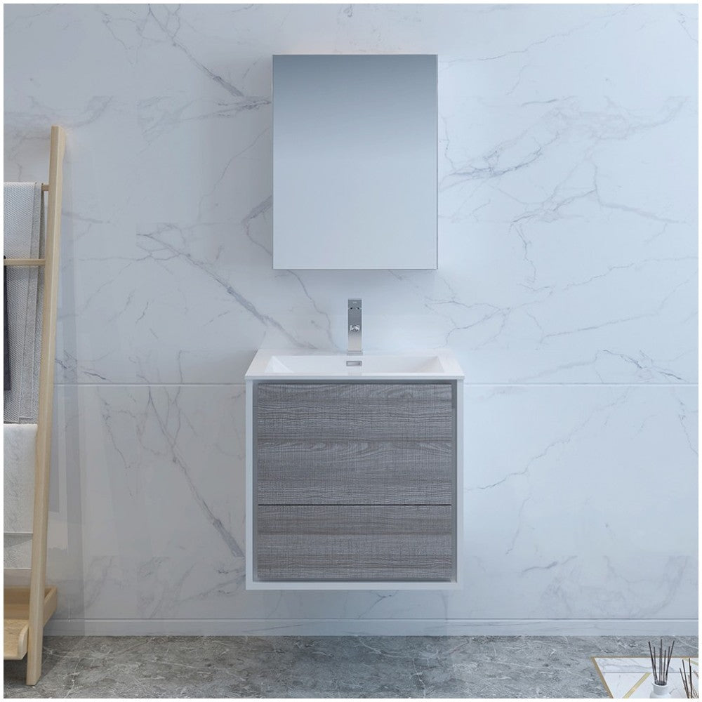 Catania 24" Glossy Ash Gray Wall Hung Modern Bathroom Vanity w/ Medicine Cabinet