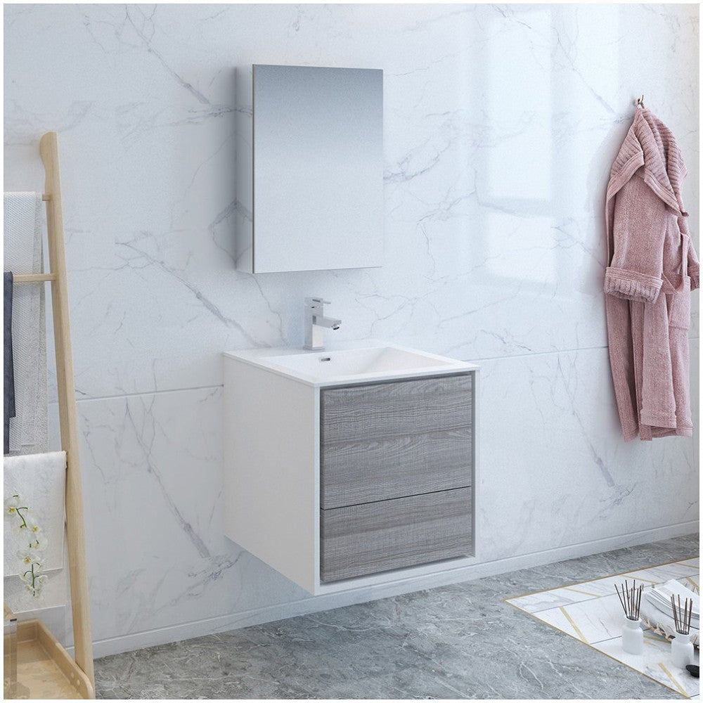 Catania 24" Glossy Ash Gray Wall Hung Modern Bathroom Vanity w/ Medicine Cabinet