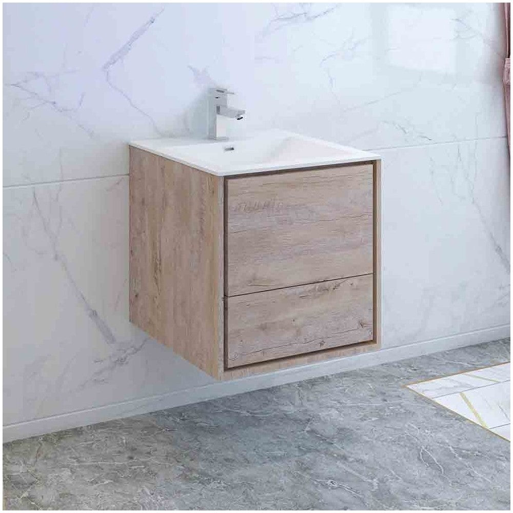 Catania 24 Natural Wood Wall Hung Modern Bathroom Cabinet w/ Integrated Sink