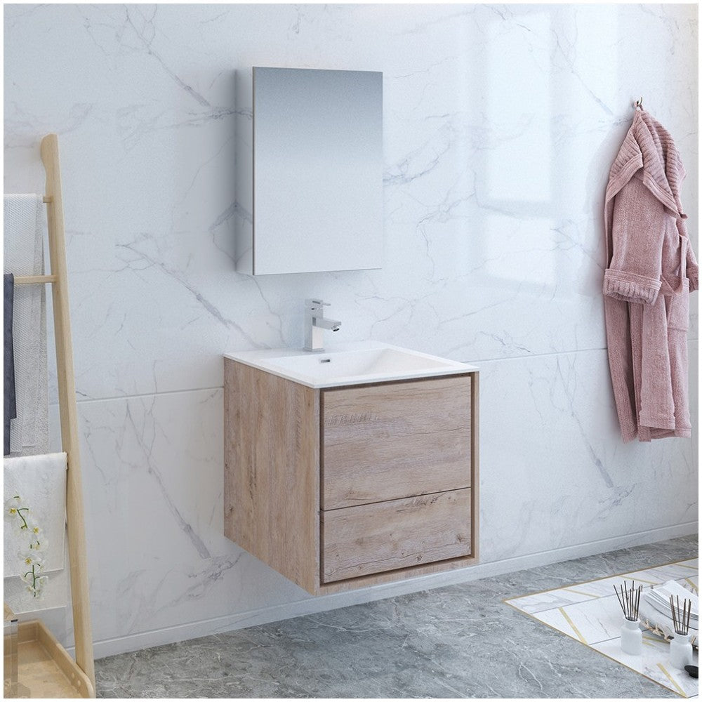 Catania 24 Natural Wood Wall Hung Modern Bathroom Vanity w/ Medicine Cabinet