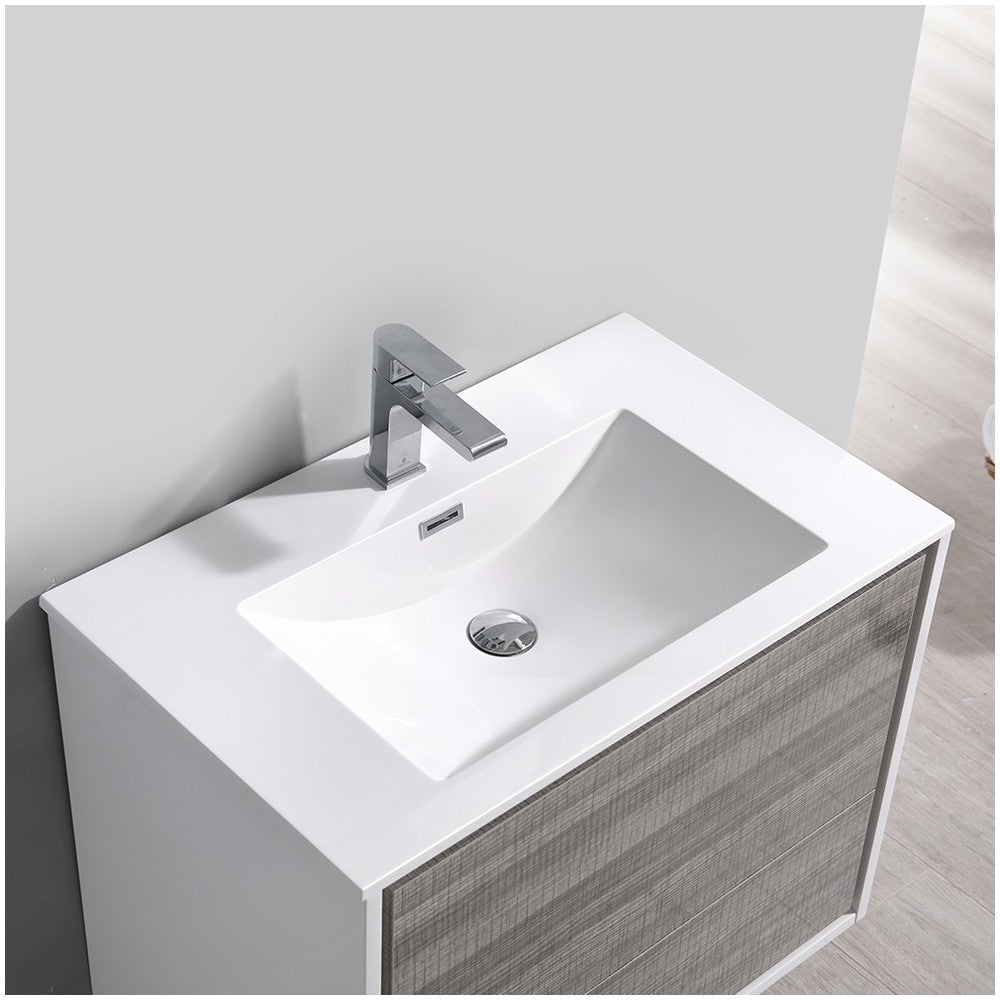 Catania 30" Glossy Ash Gray Wall Hung Modern Bathroom Cabinet w/ Integrated Sink
