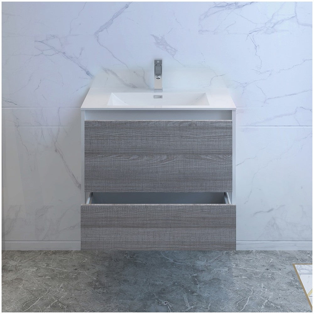 Catania 30" Glossy Ash Gray Wall Hung Modern Bathroom Cabinet w/ Integrated Sink
