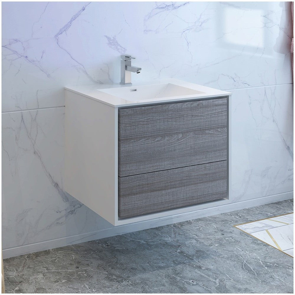 Catania 30" Glossy Ash Gray Wall Hung Modern Bathroom Cabinet w/ Integrated Sink