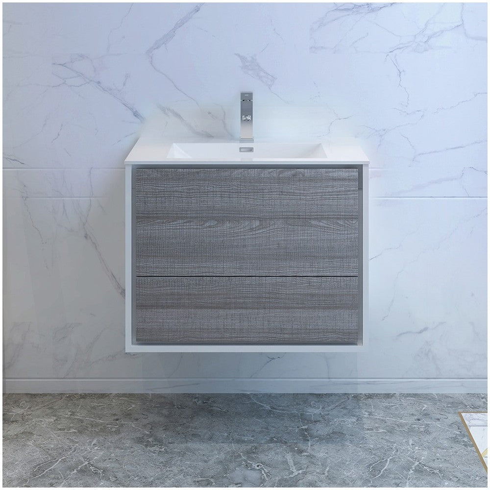 Catania 30" Glossy Ash Gray Wall Hung Modern Bathroom Cabinet w/ Integrated Sink