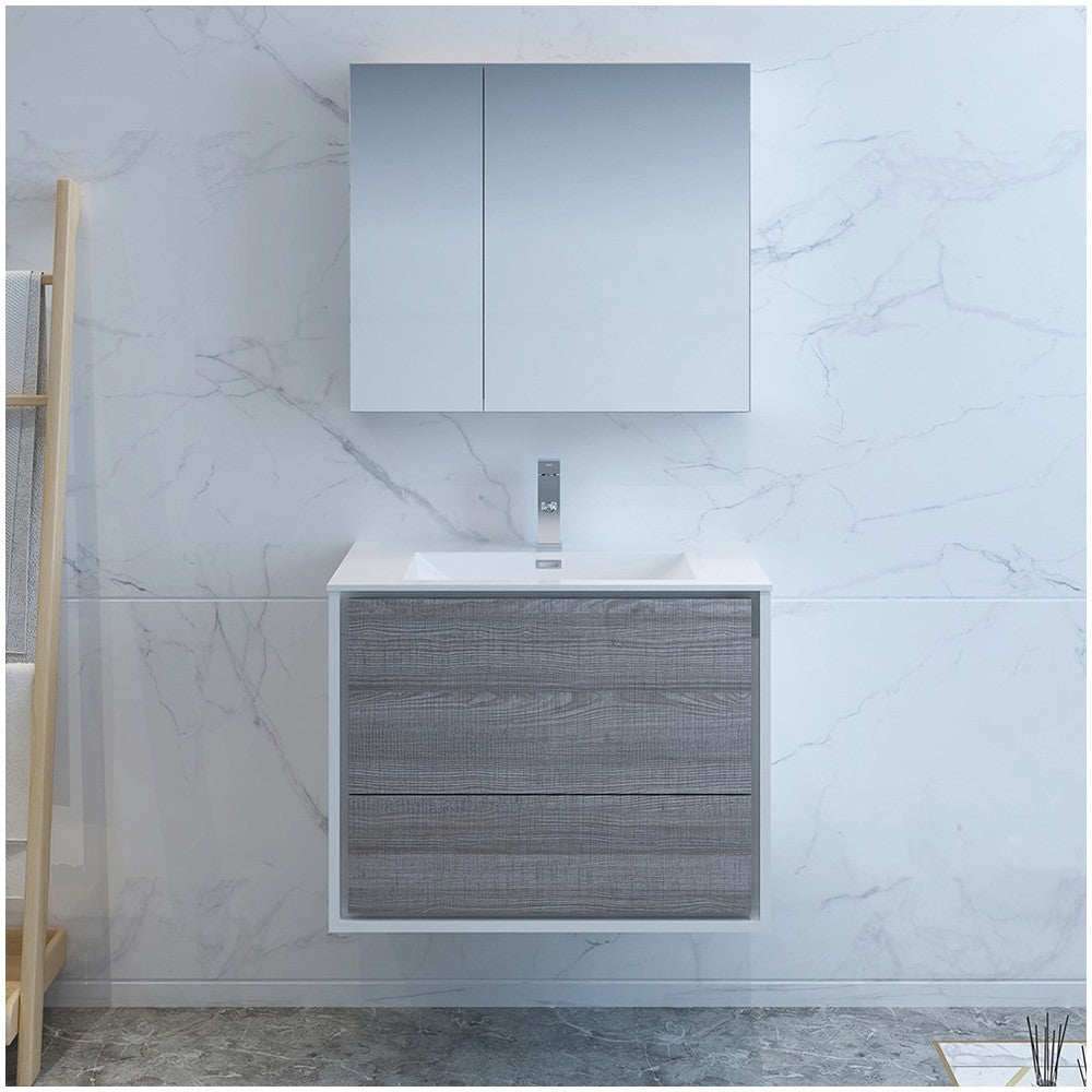 Catania 30" Glossy Ash Gray Wall Hung Modern Bathroom Vanity w/ Medicine Cabinet