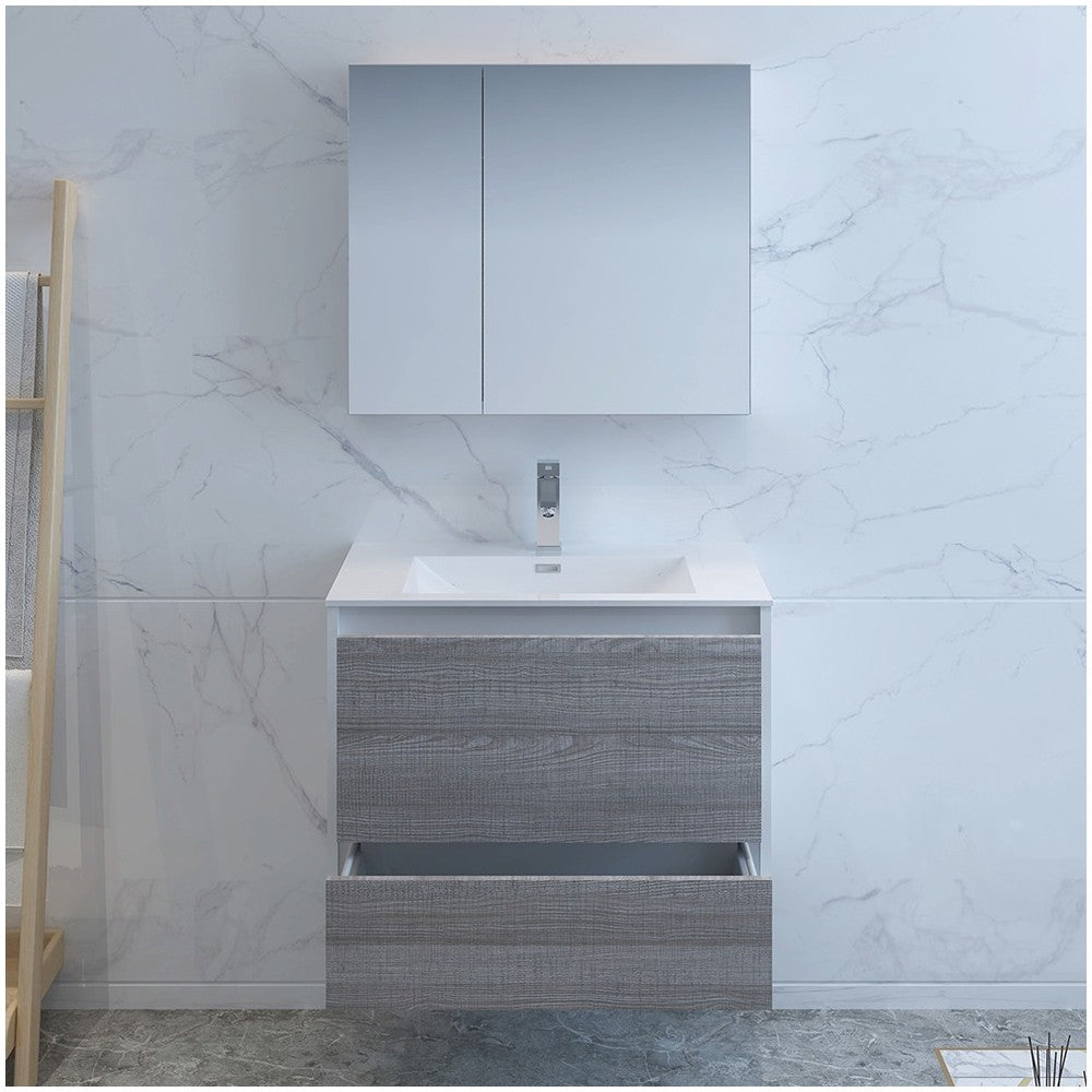 Catania 30" Glossy Ash Gray Wall Hung Modern Bathroom Vanity w/ Medicine Cabinet