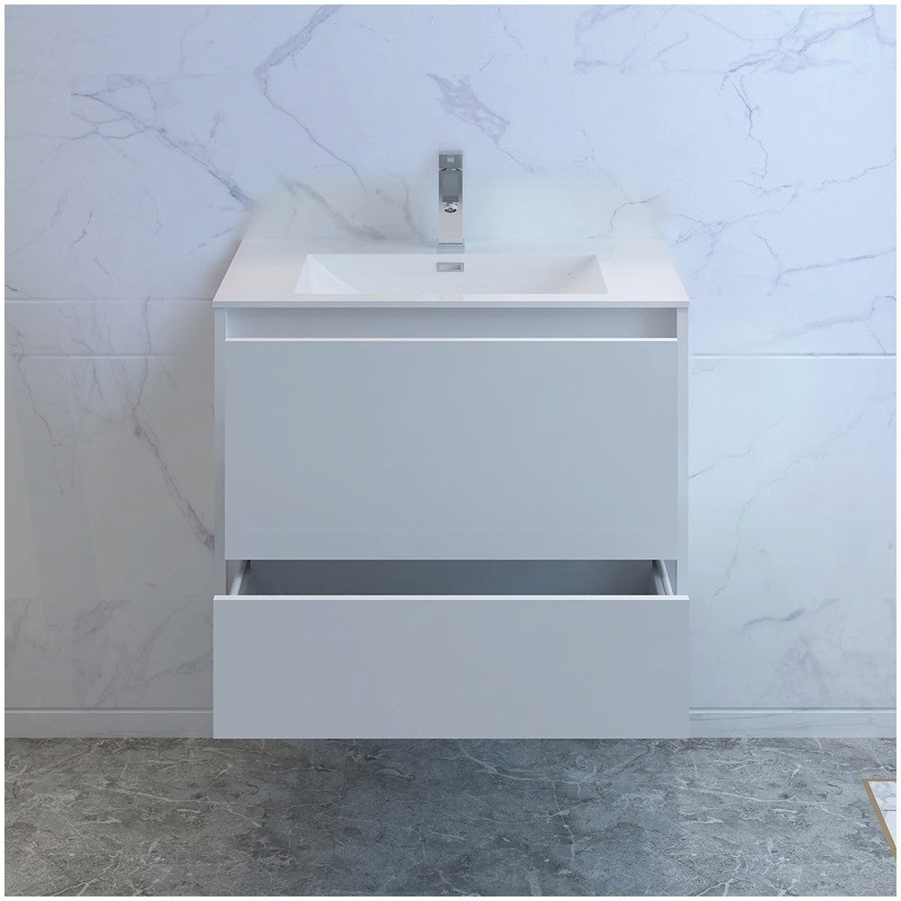 Catania 30" Glossy White Wall Hung Modern Bathroom Cabinet w/ Integrated Sink