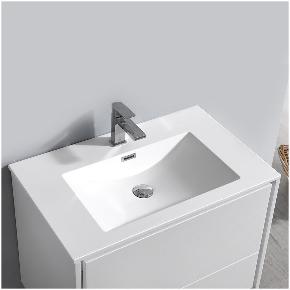 Catania 30" Glossy White Wall Hung Modern Bathroom Cabinet w/ Integrated Sink