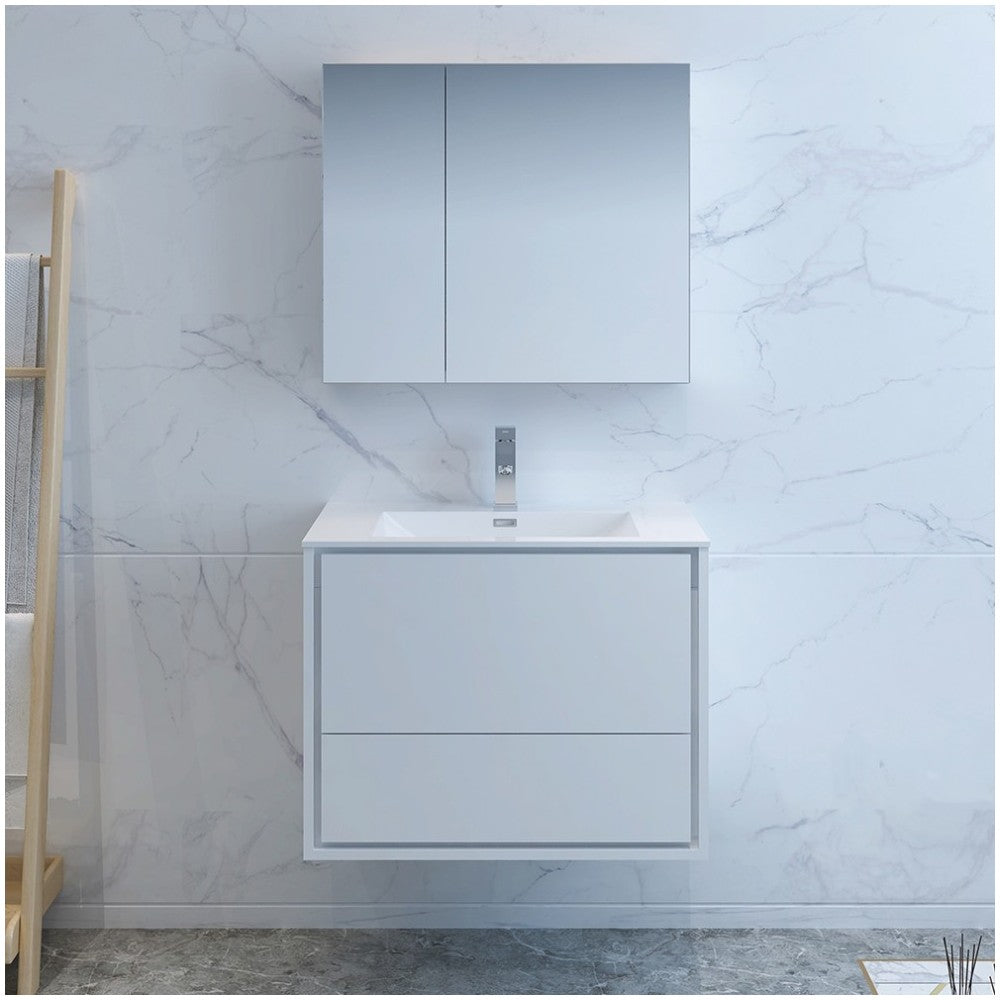 Catania 30" Glossy White Wall Hung Modern Bathroom Vanity w/ Medicine Cabinet