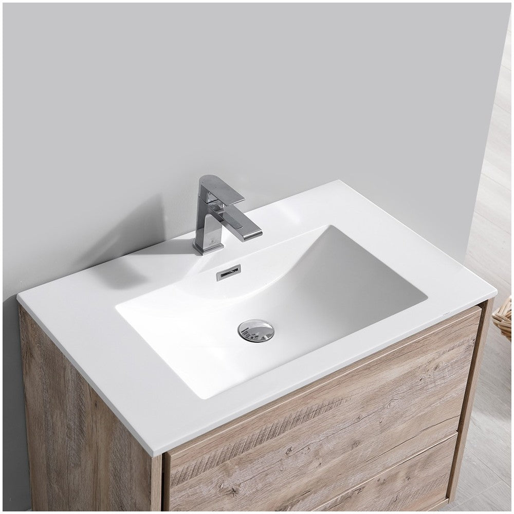 Catania 30 Natural Wood Wall Hung Modern Bathroom Cabinet w/ Integrated Sink