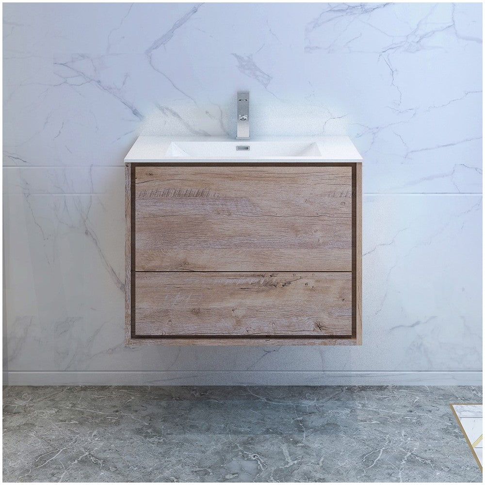 Catania 30 Natural Wood Wall Hung Modern Bathroom Cabinet w/ Integrated Sink