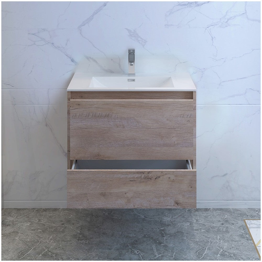Catania 30 Natural Wood Wall Hung Modern Bathroom Cabinet w/ Integrated Sink