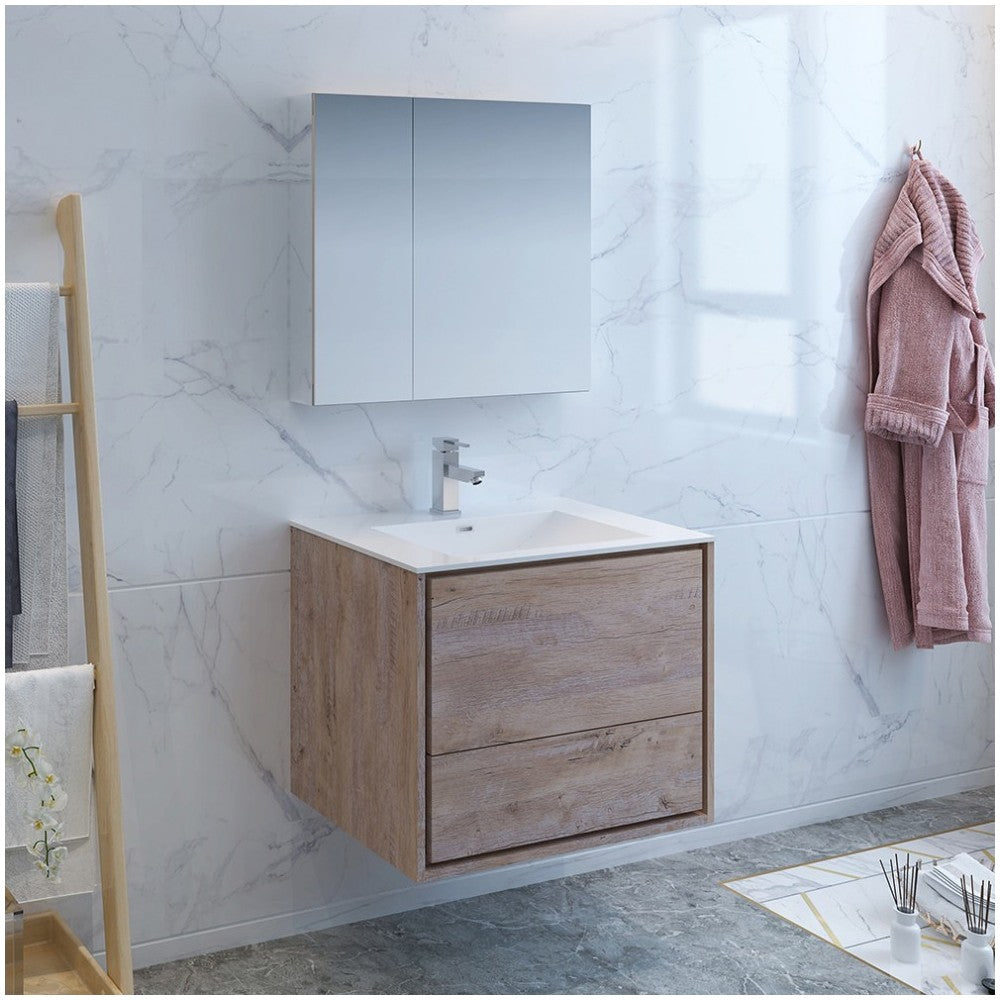 Catania 30 Natural Wood Wall Hung Modern Bathroom Vanity w/ Medicine Cabinet