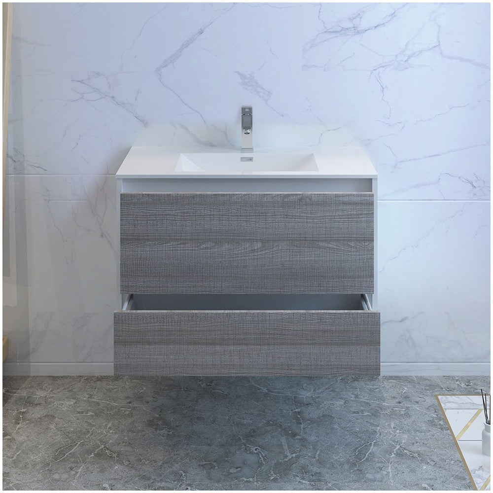 Catania 36" Glossy Ash Gray Wall Hung Modern Bathroom Cabinet w/ Integrated Sink