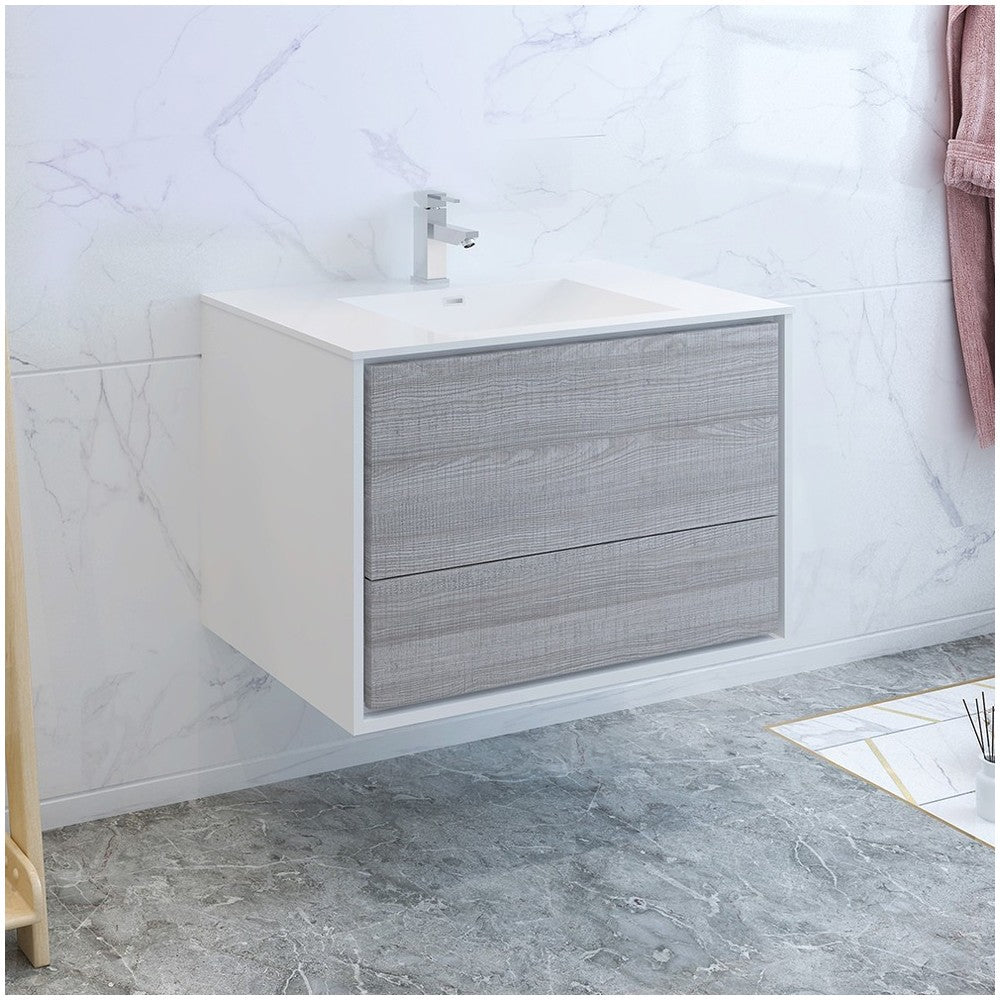 Catania 36" Glossy Ash Gray Wall Hung Modern Bathroom Cabinet w/ Integrated Sink