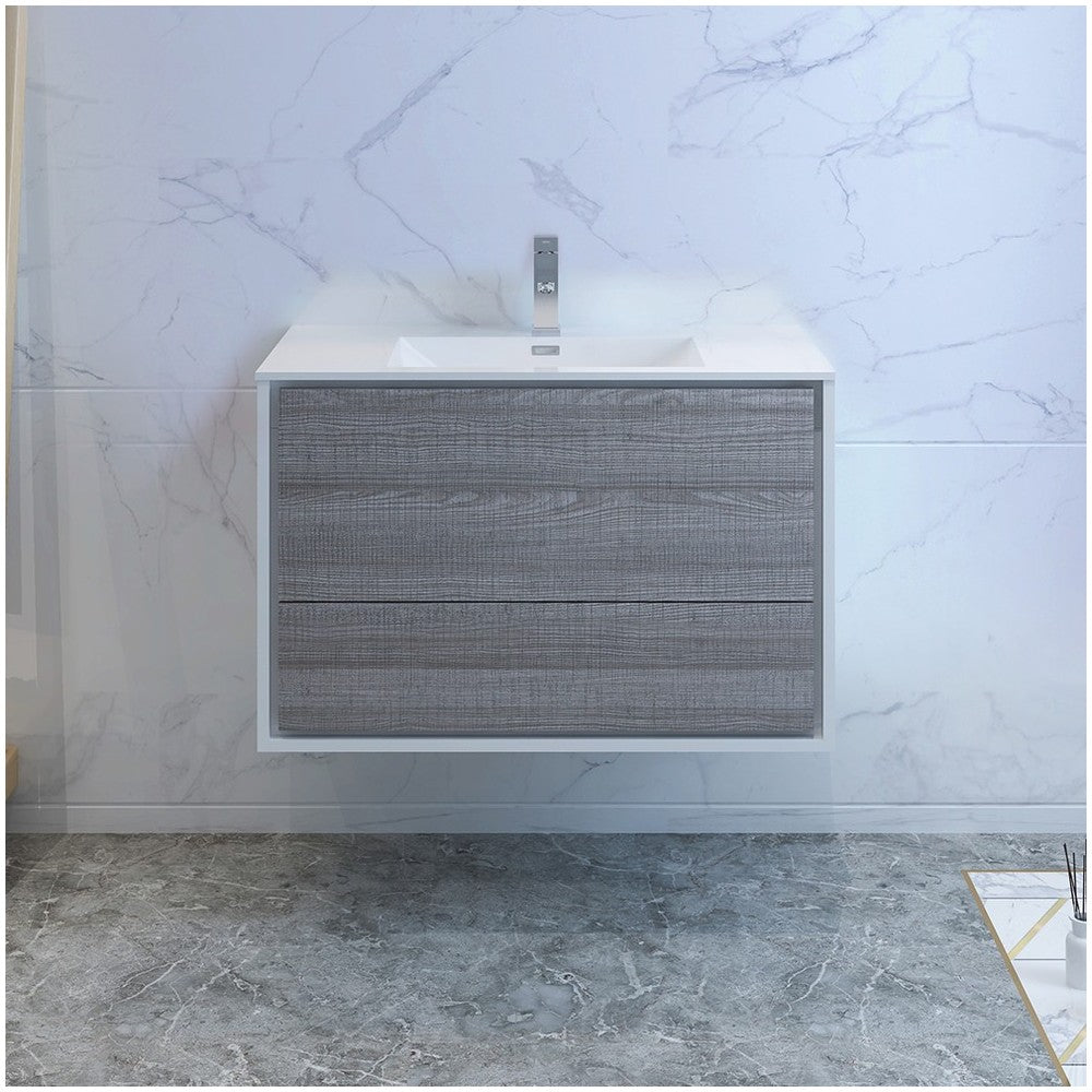 Catania 36" Glossy Ash Gray Wall Hung Modern Bathroom Cabinet w/ Integrated Sink