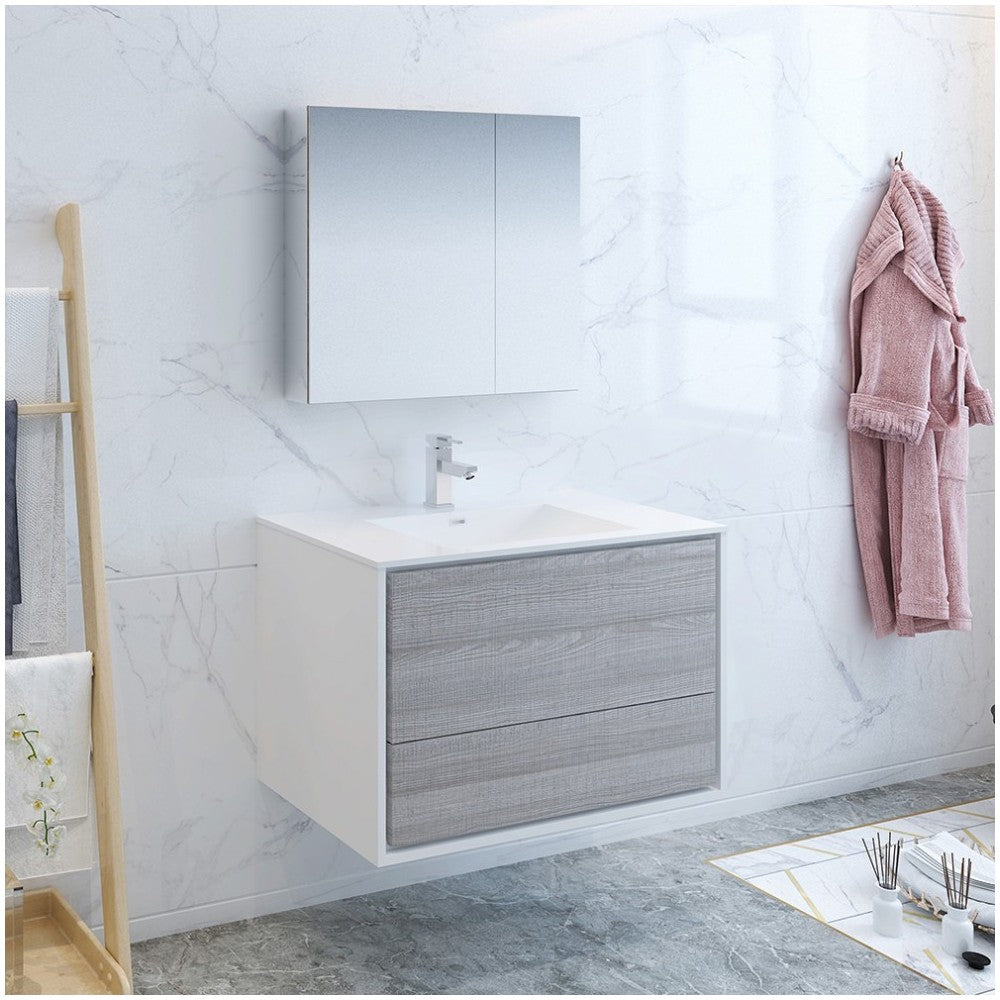 Catania 36" Glossy Ash Gray Wall Hung Modern Bathroom Vanity w/ Medicine Cabinet