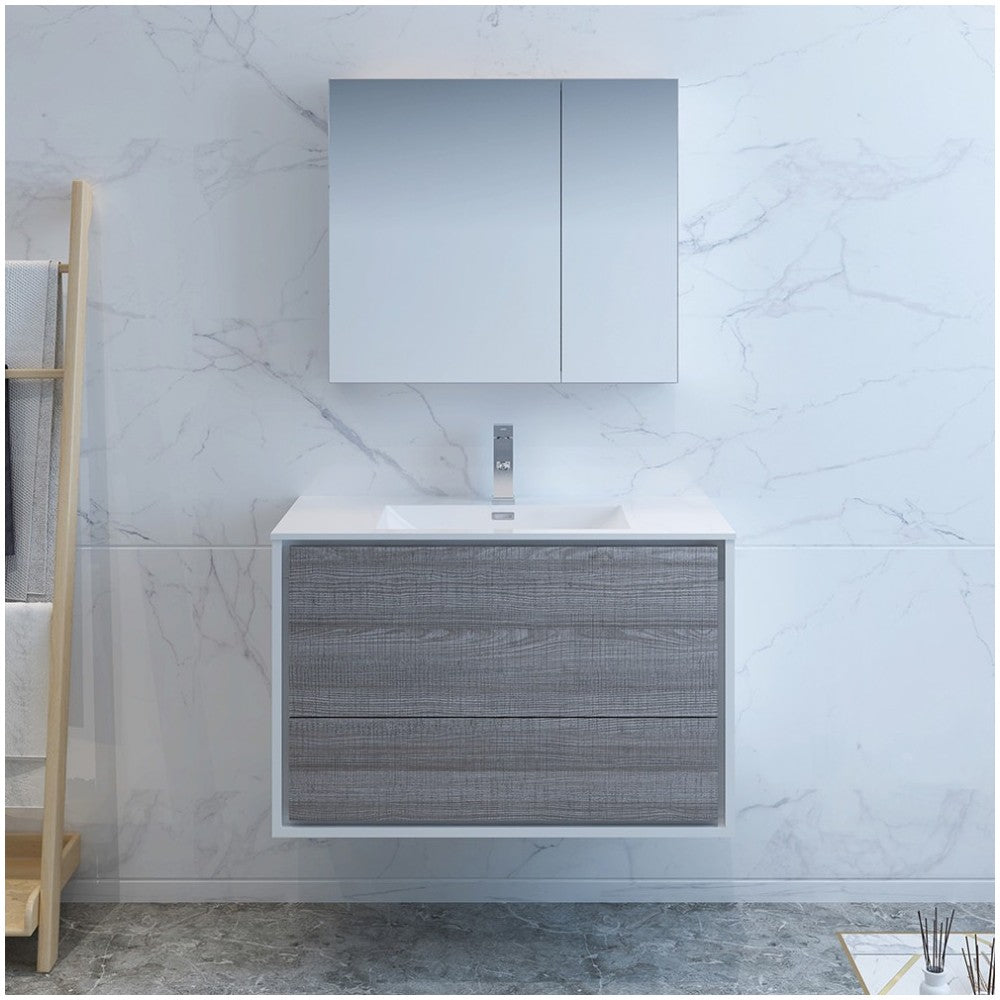 Catania 36" Glossy Ash Gray Wall Hung Modern Bathroom Vanity w/ Medicine Cabinet