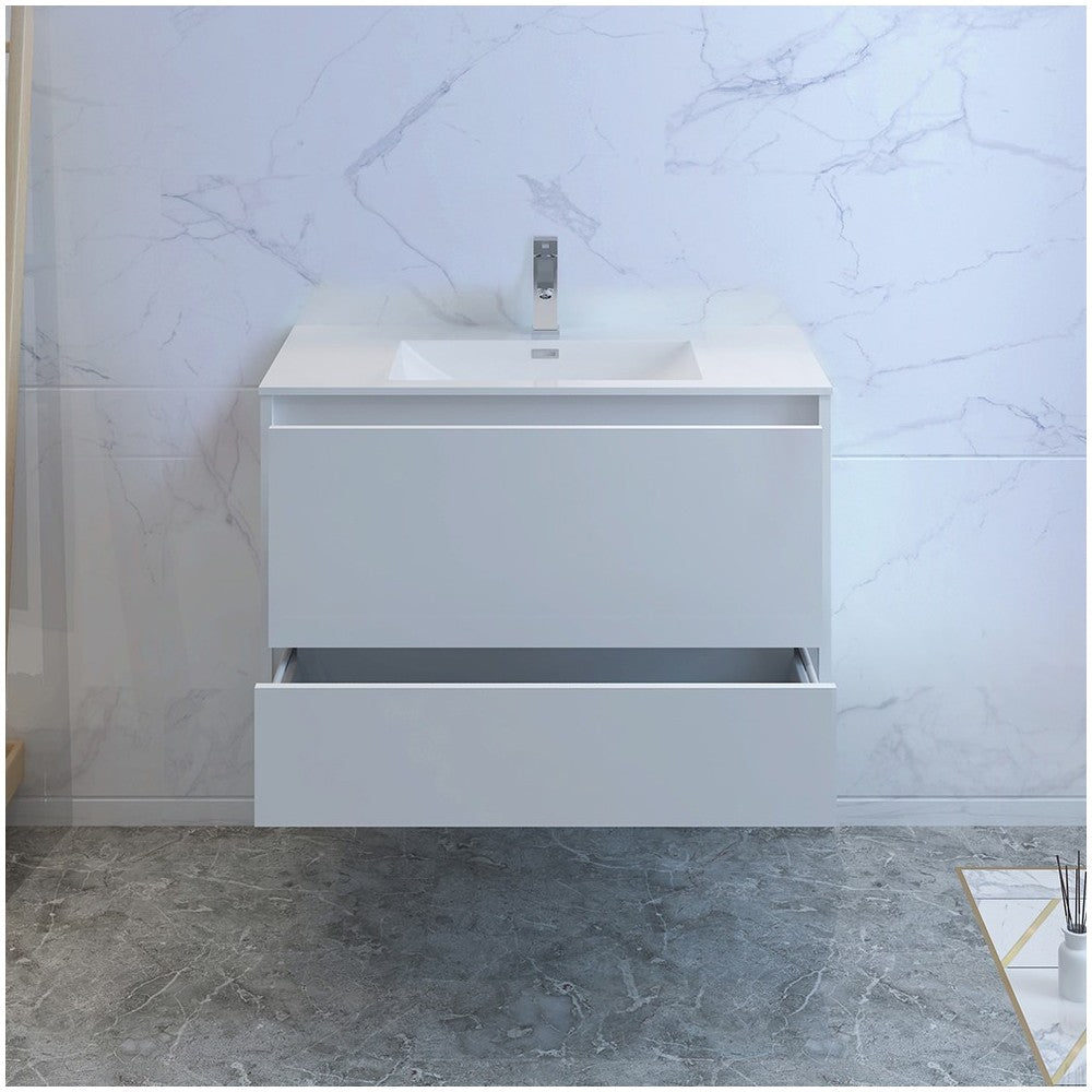 Catania 36" Glossy White Wall Hung Modern Bathroom Cabinet w/ Integrated Sink