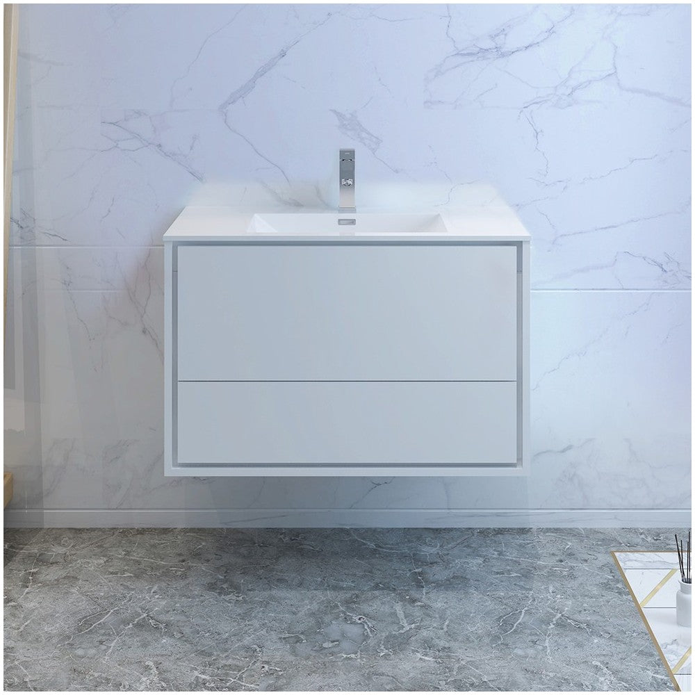 Catania 36" Glossy White Wall Hung Modern Bathroom Cabinet w/ Integrated Sink